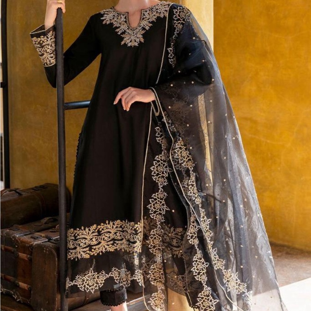 Beautiful Pakistani/Indian/desi shalwar kameez. Black color with gold color work